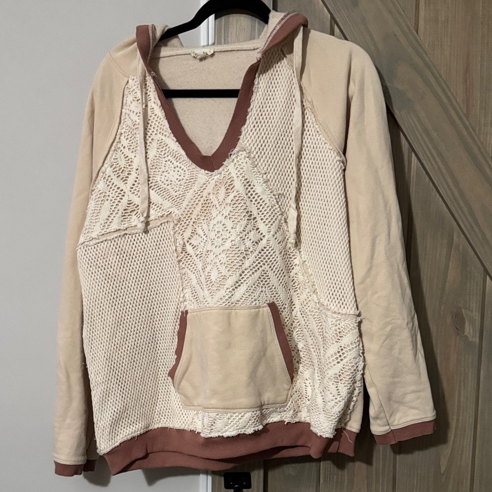 Hem & Thread  White Contrast Trim Crochet Knit Patchwork Exposed Seam Hoodie